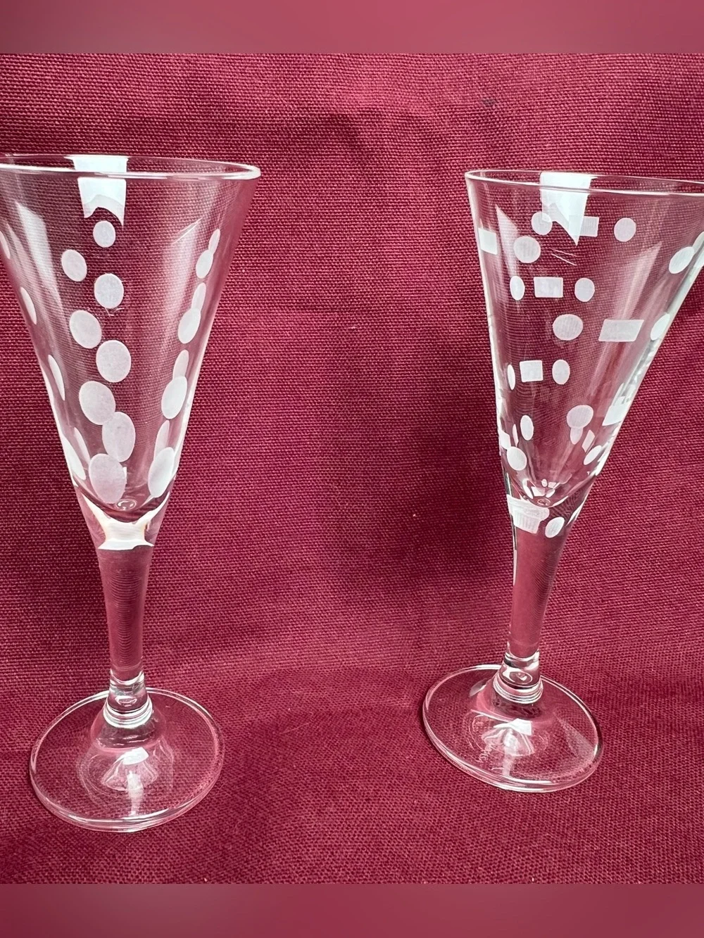 Set of Two Etched Polka Dot liquor Flutes - Clear Glass. MCM